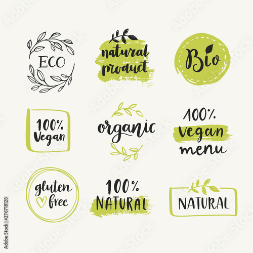 Hand drawn Set of organic, eco, bio, natural, gluten free, vegan food labels and vector design elements. Vector healthy food logo templates for food market, restaurant, packaging, ecommerce.