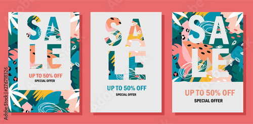 Collection of summer sale banners. Trendy abstract design. Colorful contemporary floral collage with various of plants and geometric shapes.
