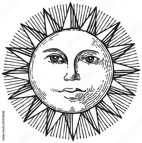 Black and white hand drawn sun with face. Can be used as tattoo, t-shirts design, coloring book. Black and white graphics, pencil drawing.