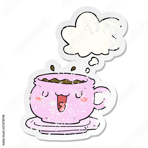 cute cartoon cup and saucer and thought bubble as a distressed worn sticker