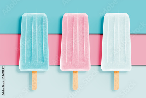 Colorful realistic icecreams on pastel paper background, vector illustration