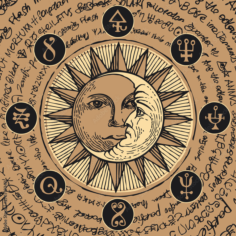 Obraz premium Illustration of the sun and crescent moon in an octagonal star with magical inscriptions and symbols on the beige background. Vector banner with old manuscript in retro style written in a circle.