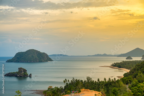 Scenic landscape sunset of Chumphon beach with islands, Thailand photo