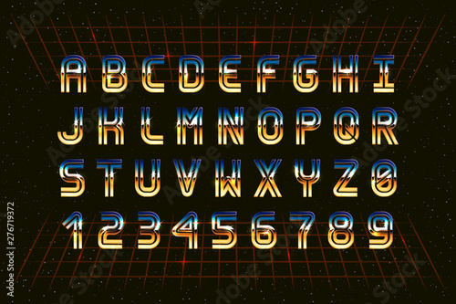 Retro Chrome Font in the Style of 80's. Vector Retro-Futuristic Typography. Letters and Numbers