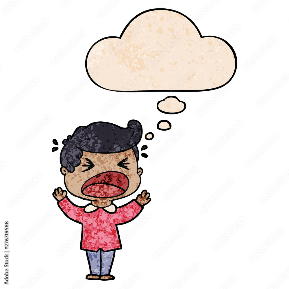 cartoon shouting man and thought bubble in grunge texture pattern style cartoon shouting man and thought bubble in grunge texture pattern style