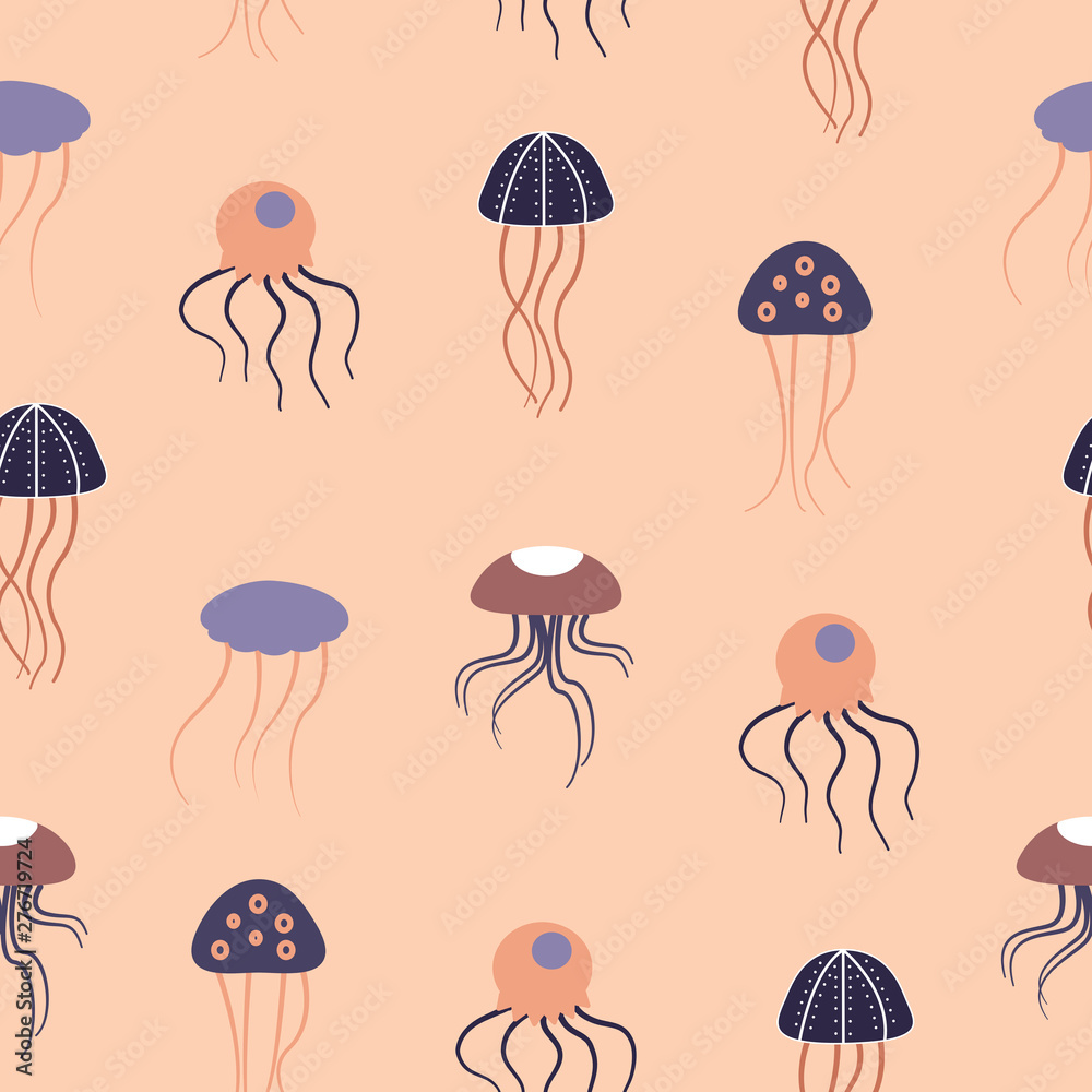 Purple and orange jellyfish in a seamless pattern design Purple and orange jellyfish in a seamless pattern design