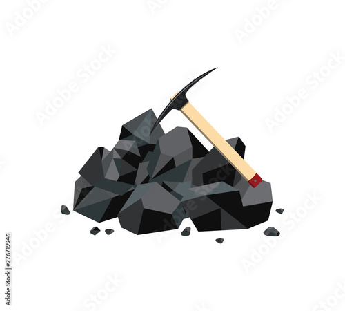Coal mine icon with black mineral rock lump and pickaxe. Fuel mine industry resource and carbon energy mining instument and charcoal stone pile