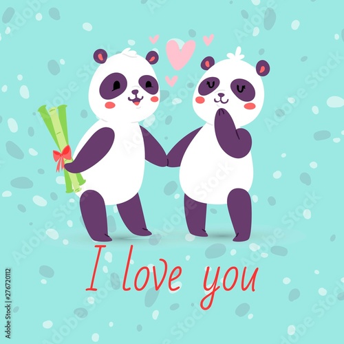 Pandas couple in love banner, greeting card vector illustration. Cartoon adorable animals holding hands. Flying hearts. Valentine Day character hiding bamboo gift for girl. I love you