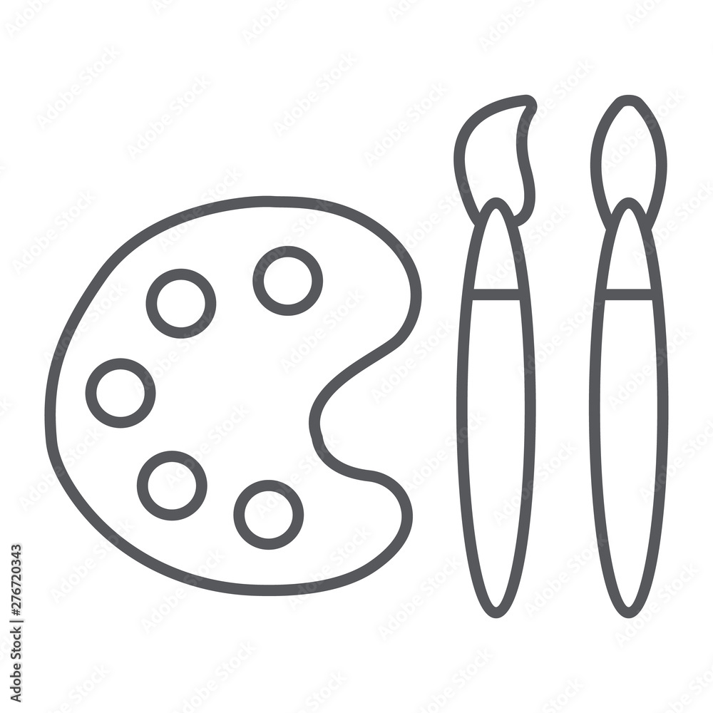 Fototapeta premium Paint brush with palette thin line icon, instrument and paint, painter tools sign, vector graphics, a linear pattern on a white background.
