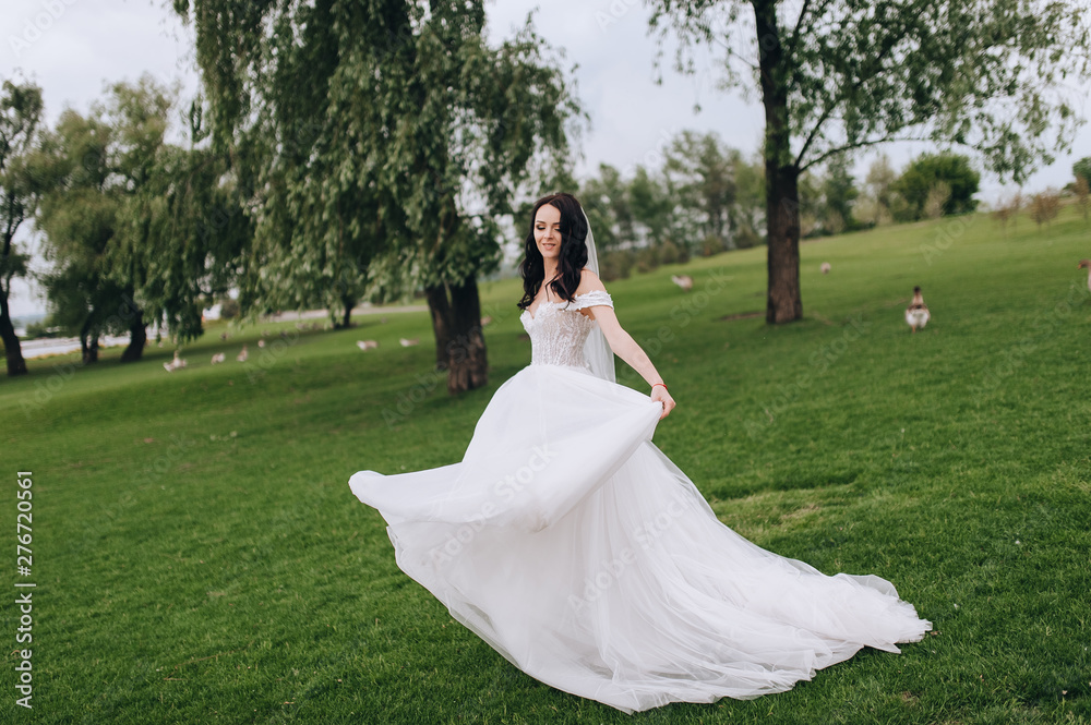 A beautiful brunette girl with curly hair and a long dress walks on green grass, whirls against the background of the park and enjoys life. Wedding portrait and photo of a pretty girl model. A beautiful brunette girl with curly hair and a long dress walks on green grass, whirls against the background of the park and enjoys life. Wedding portrait and photo of a pretty girl model.