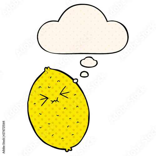 cartoon bitter lemon and thought bubble in comic book style