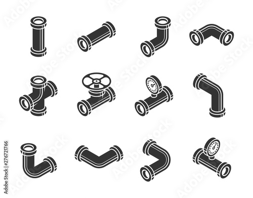 Isometric Pipes, Fittings, Valve and Meters Vector Icon Set in Glyph Style