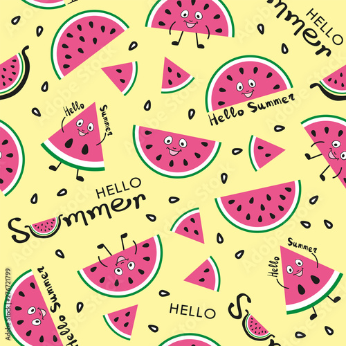 Watermelon cartoon seamless pattern. Baby and kids style abstract geometric background. Colorful vector illustration. Funny watermelons. Cute kawaii smiling watermelons