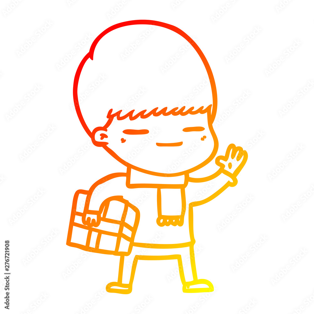 warm gradient line drawing cartoon smug boy carrying present
