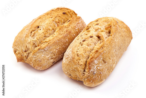 Freshly baked crispy bread rolls, close-up, isolated on white background
