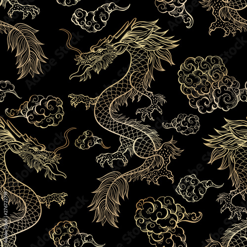 Oriental dragon flying in clouds seamless pattern. Traditional Chinese mythological animal hand drawn illustration. Golden festival serpent on red background. Wrapping paper, wallpaper, textile design