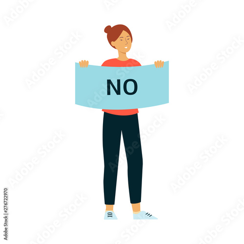 Woman stand holding protest placard with no inscription cartoon style