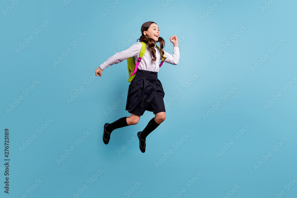 Obraz premium Full body photo of nice school lady rushing classroom see friends 1 september wear specs white shirt isolated blue background