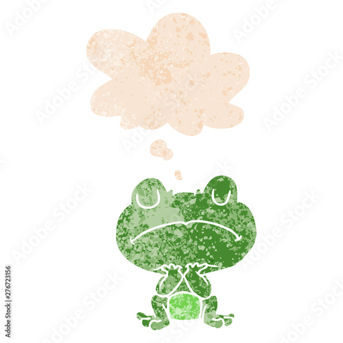 cartoon frog and thought bubble in retro textured style