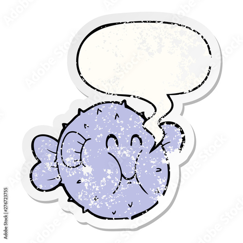 cartoon puffer fish and speech bubble distressed sticker