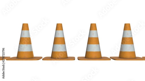 Traffic cone. Orange road sign with white stripes 3d render video available in 4k FullHD and HD render footage. Under construction concept. photo