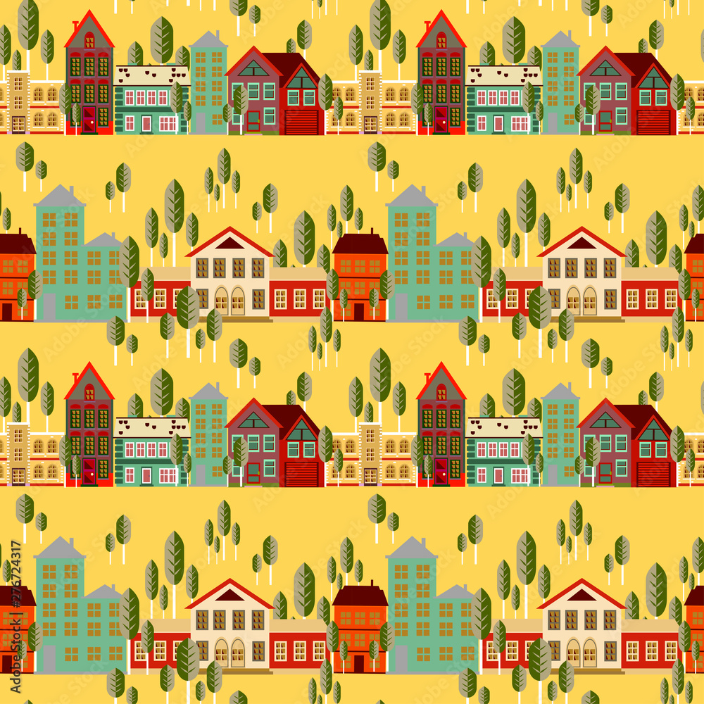 Drawing of red and brown house with trees on a yellow background