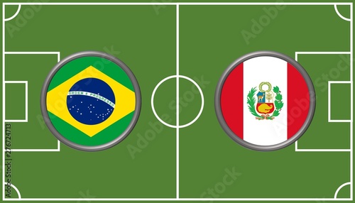 Illustration of circular flag of Brazil and Peru on the football field background. The concept of football match Brazil vs Peru.