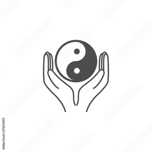 Hands holding yin yang icon. Vector illustration, flat design.
