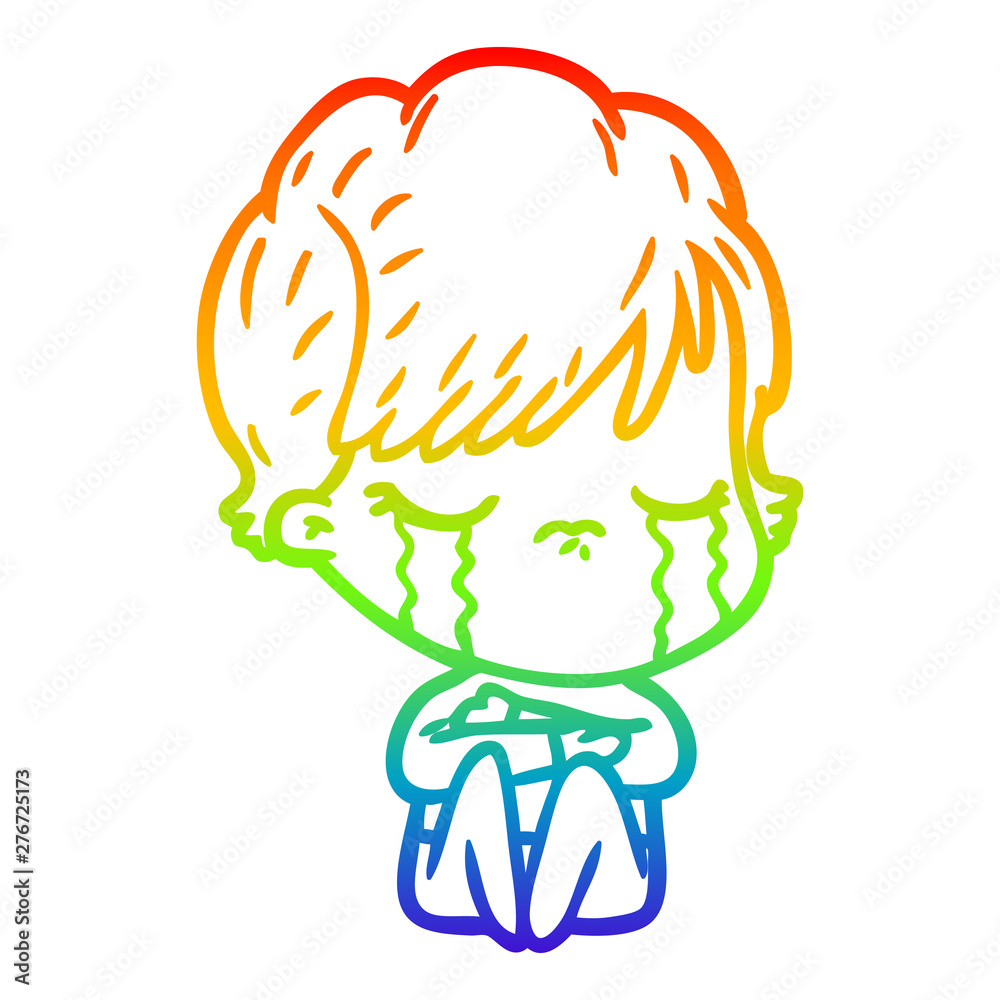 Fototapeta premium rainbow gradient line drawing cartoon woman crying