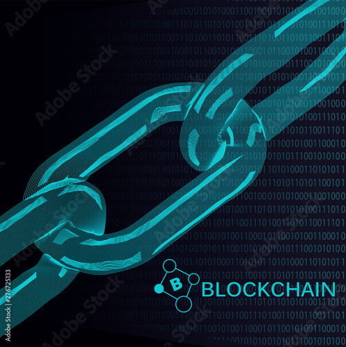 Blockchain network concept. Distributed ledger technology. Security. Blockchain text and digital chain concept with blue background.