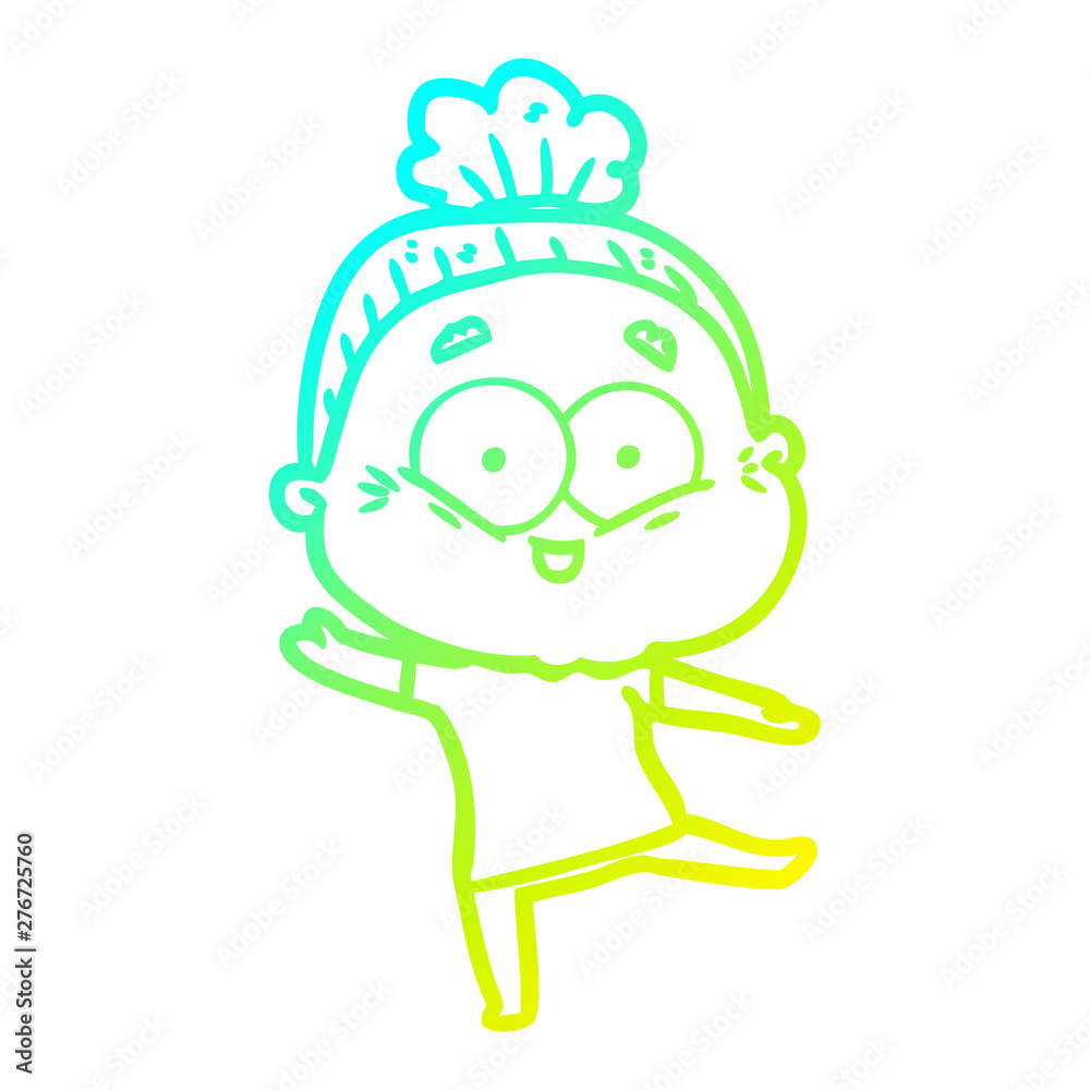 cold gradient line drawing cartoon happy old woman
