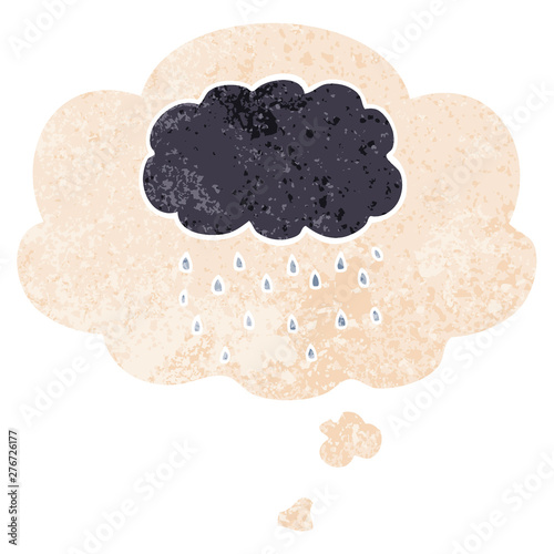 cartoon cloud raining and thought bubble in retro textured style
