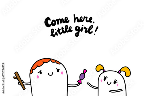 Come here little girl, pedophile giving sweets to child. Hand drawn vector illustration in cartoon style