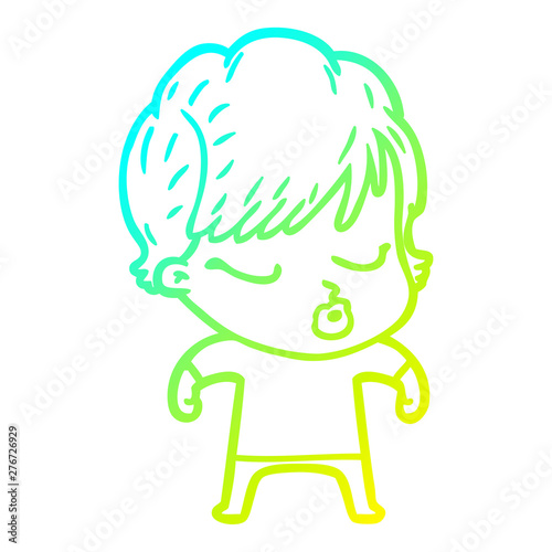 cold gradient line drawing cartoon woman with eyes shut