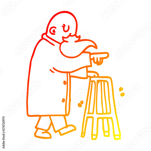 warm gradient line drawing cartoon old man with walking frame