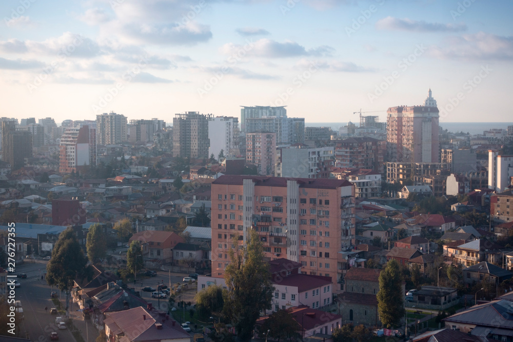 Fototapeta premium City downtown horizon in sunny morning, aerial view.