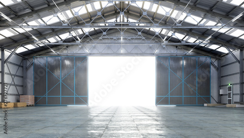 Fotografia Hangar interior with gate. 3d illustration