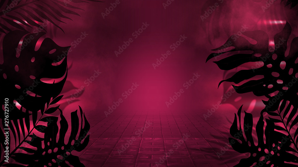 Fototapeta premium Background of empty dark scenes with neon lights and shapes, smoke. Silhouettes of tropical palm leaves in the foreground. Bright futuristic abstract background