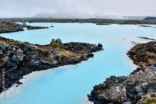 View to Blue Lagoon with cloudy sky, Iceland