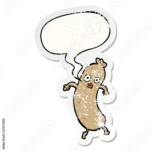 cartoon sausage and speech bubble distressed sticker