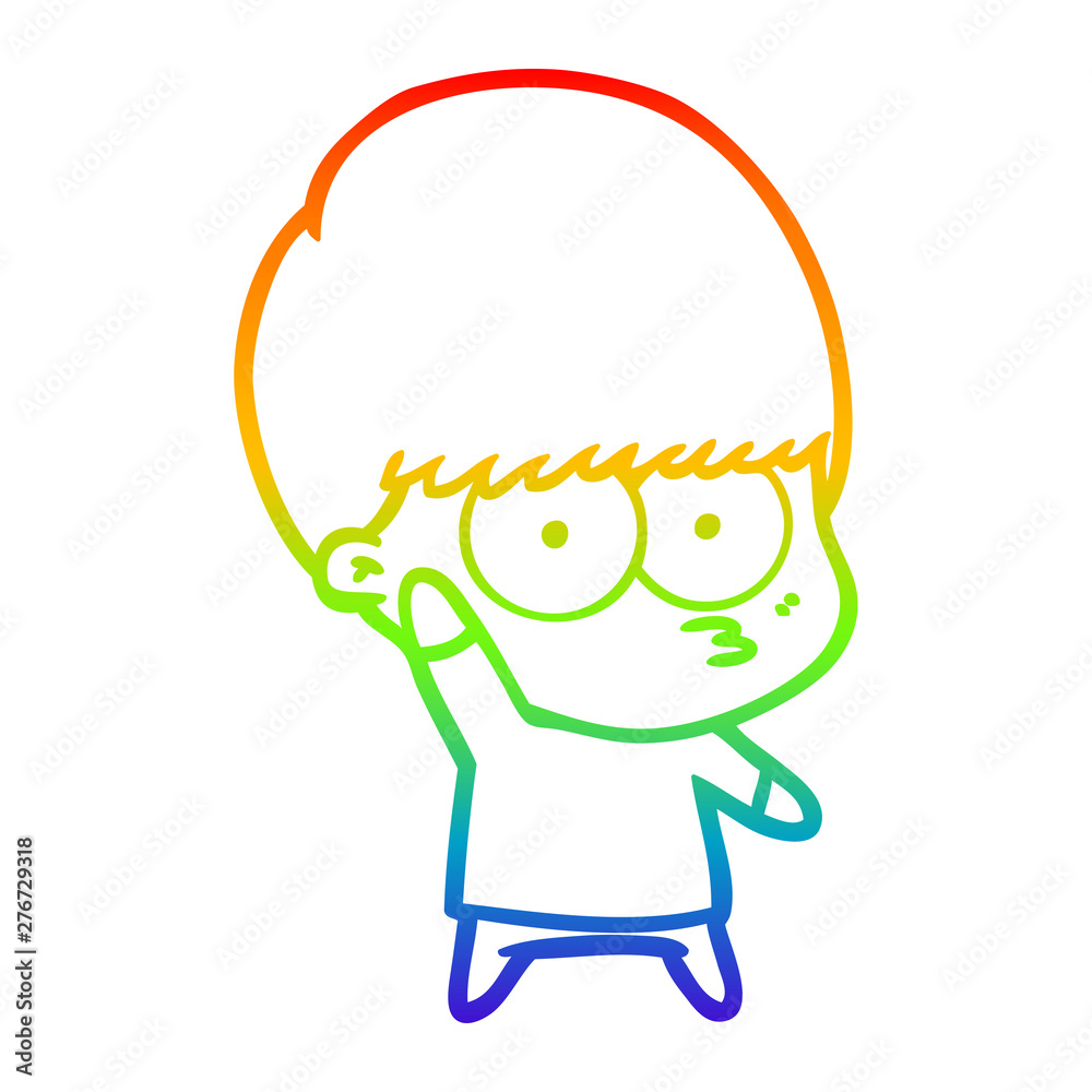 rainbow gradient line drawing nervous cartoon boy waving