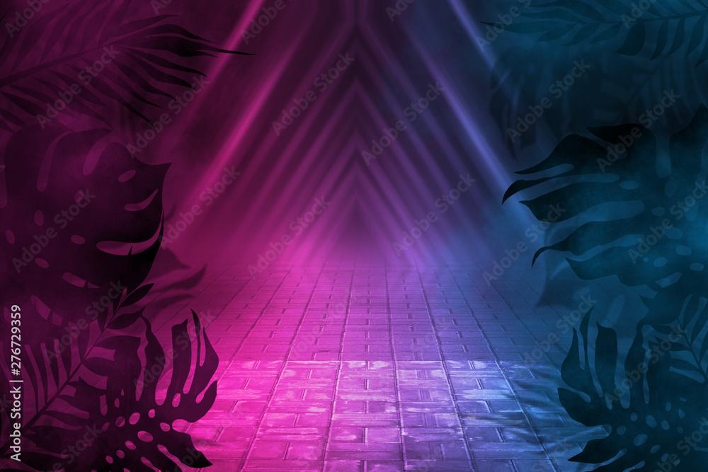 Fototapeta premium Background of empty dark scenes with neon lights and shapes, smoke. Silhouettes of tropical palm leaves in the foreground. Bright futuristic abstract background