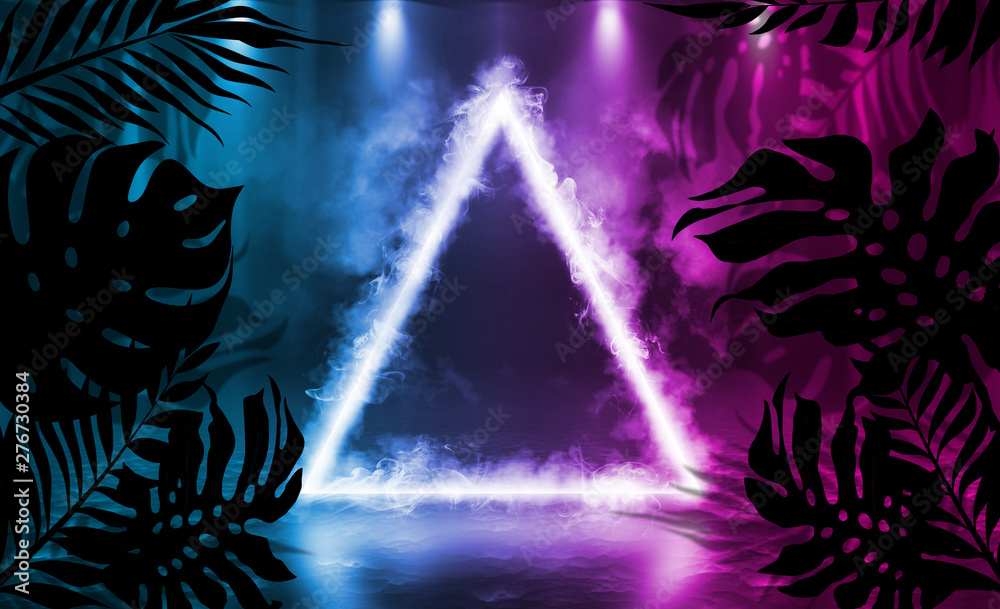 Fototapeta premium Background of empty dark scenes with neon lights and shapes, smoke. Silhouettes of tropical palm leaves in the foreground. Bright futuristic abstract background