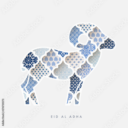 Greeting card, invitation with silhouette of ornamental sheep. Blue Moroccan, arab pattern tiles fill. Eid al Adha holiday, muslim community festival of sacrifice. Vector illustration background. photo