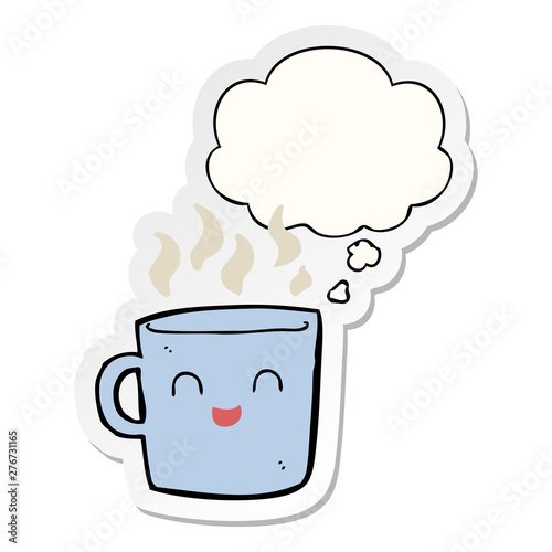 cute coffee cup cartoon and thought bubble as a printed sticker