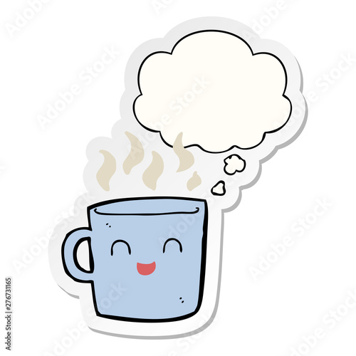 cute coffee cup cartoon and thought bubble as a printed sticker