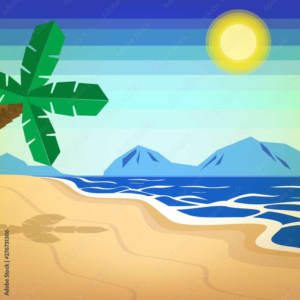 Vector illustration of blue sky and sunshine beach in retro style