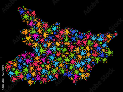 Bright vector cannabis Bihar State map mosaic on a black background. Concept with bright weed leaves for weed legalize campaign. Vector Bihar State map is constructed with ganja leaves.