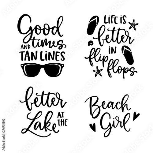 Summer lettering set. Black hand lettered quotes with shealls, flip flops and sunglasses. For greeting cards, t-shirts. Typography collection. Vacation, beach and sea concept. Isolated vectors.