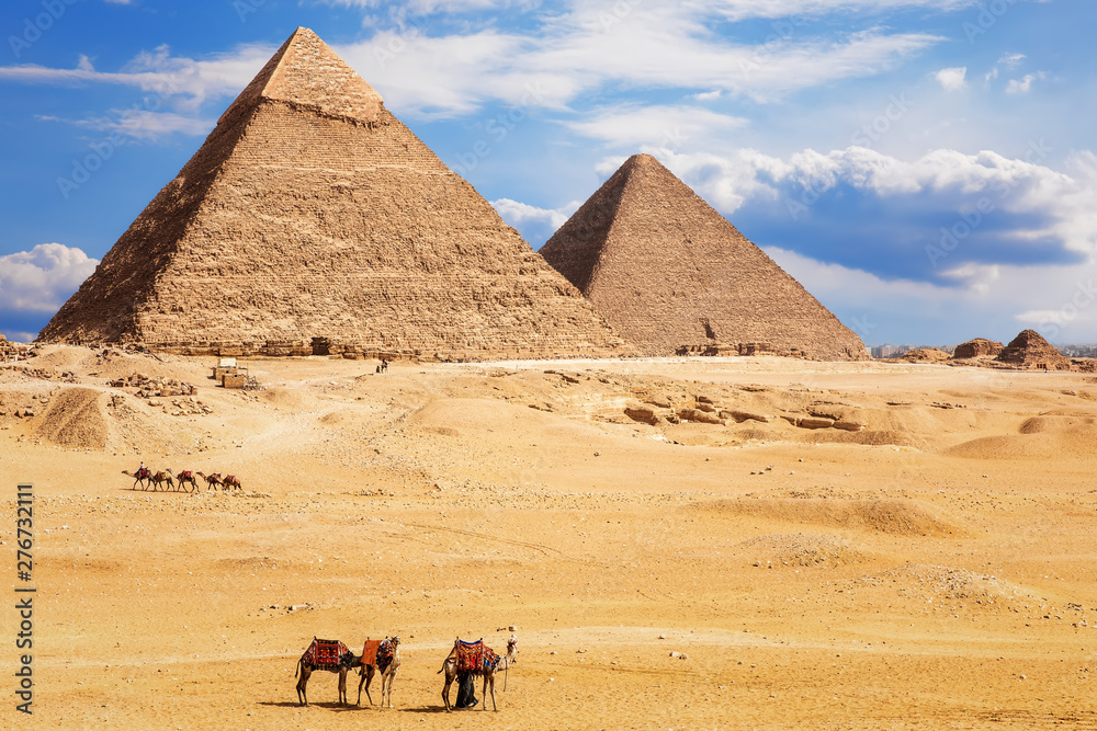 View on the Pyramid of Khafre and the Pyramid of Khufu, desert of Giza, Egypt